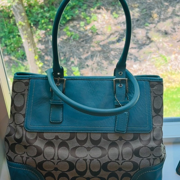 Coach Signature C Teal Leather Tote Bag - Picture 1 of 8